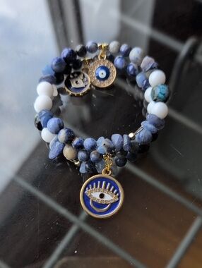 Evil Eye  Memory Wrap Bracelet With Agate, Adventureine, Hematite, Solduite